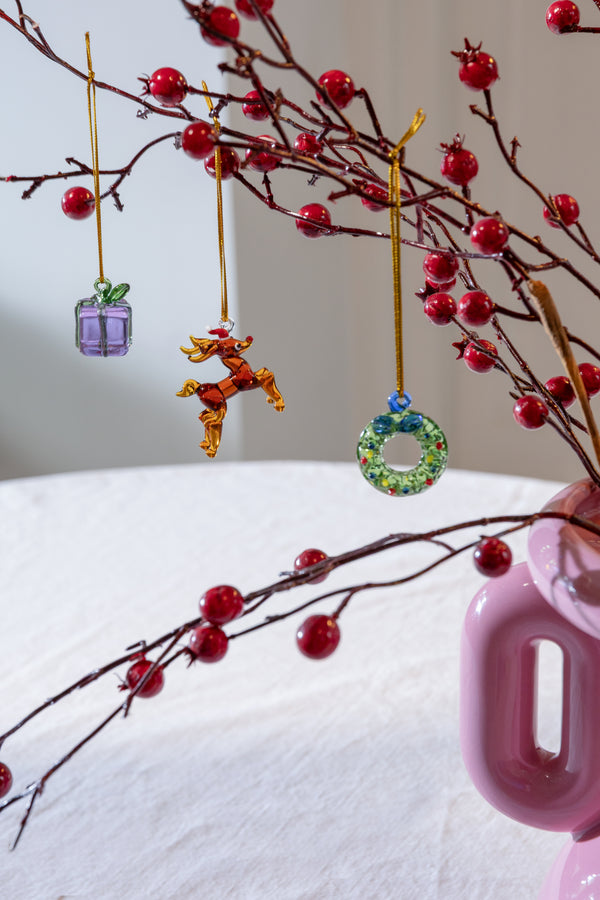 Set de 3 décorations festives : renne, cadeau et couronne